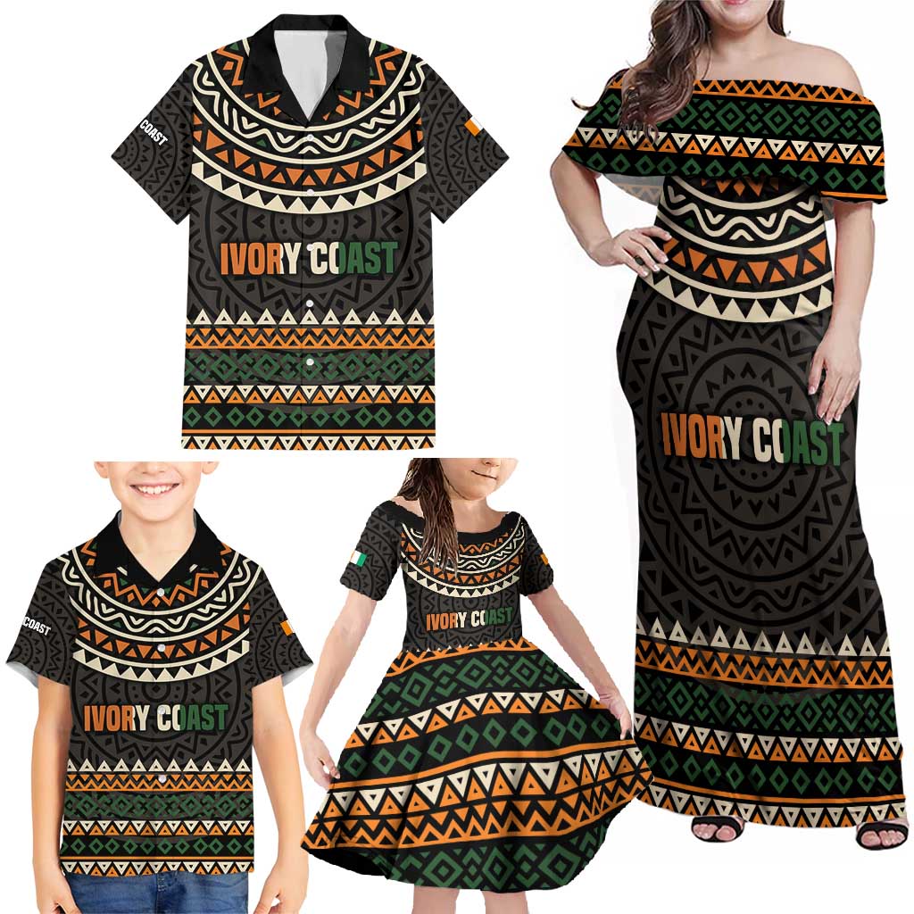 Ivory Coast Family Matching Off Shoulder Maxi Dress and Hawaiian Shirt with Ethnic Geometric Pattern and National Motto Design - Wonder Print Shop