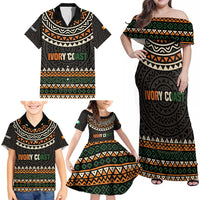 Ivory Coast Family Matching Off Shoulder Maxi Dress and Hawaiian Shirt with Ethnic Geometric Pattern and National Motto Design - Wonder Print Shop