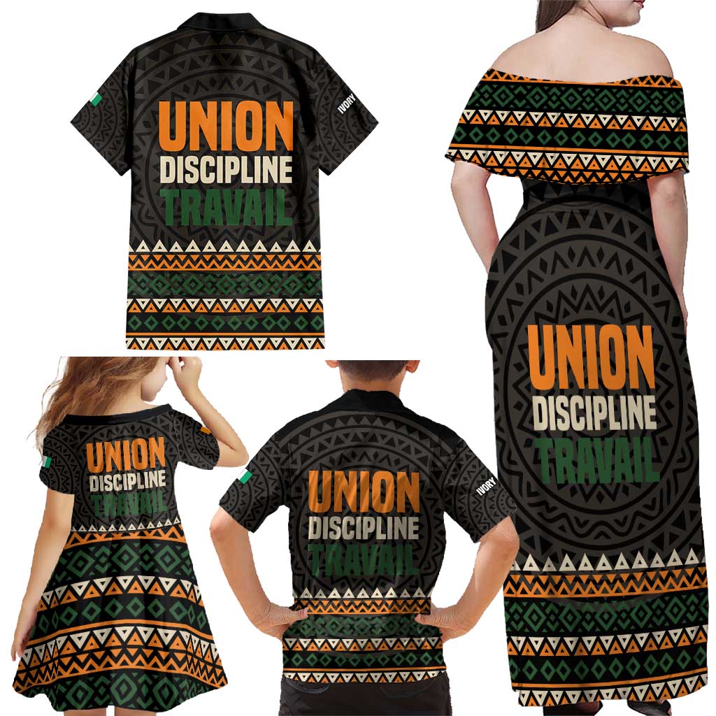 Ivory Coast Family Matching Off Shoulder Maxi Dress and Hawaiian Shirt with Ethnic Geometric Pattern and National Motto Design - Wonder Print Shop