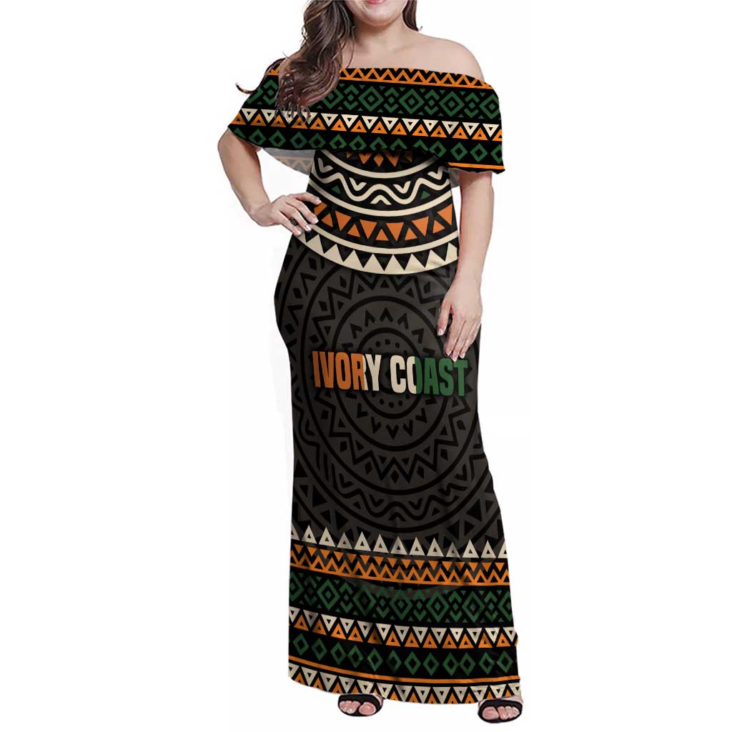 Ivory Coast Family Matching Off Shoulder Maxi Dress and Hawaiian Shirt with Ethnic Geometric Pattern and National Motto Design - Wonder Print Shop