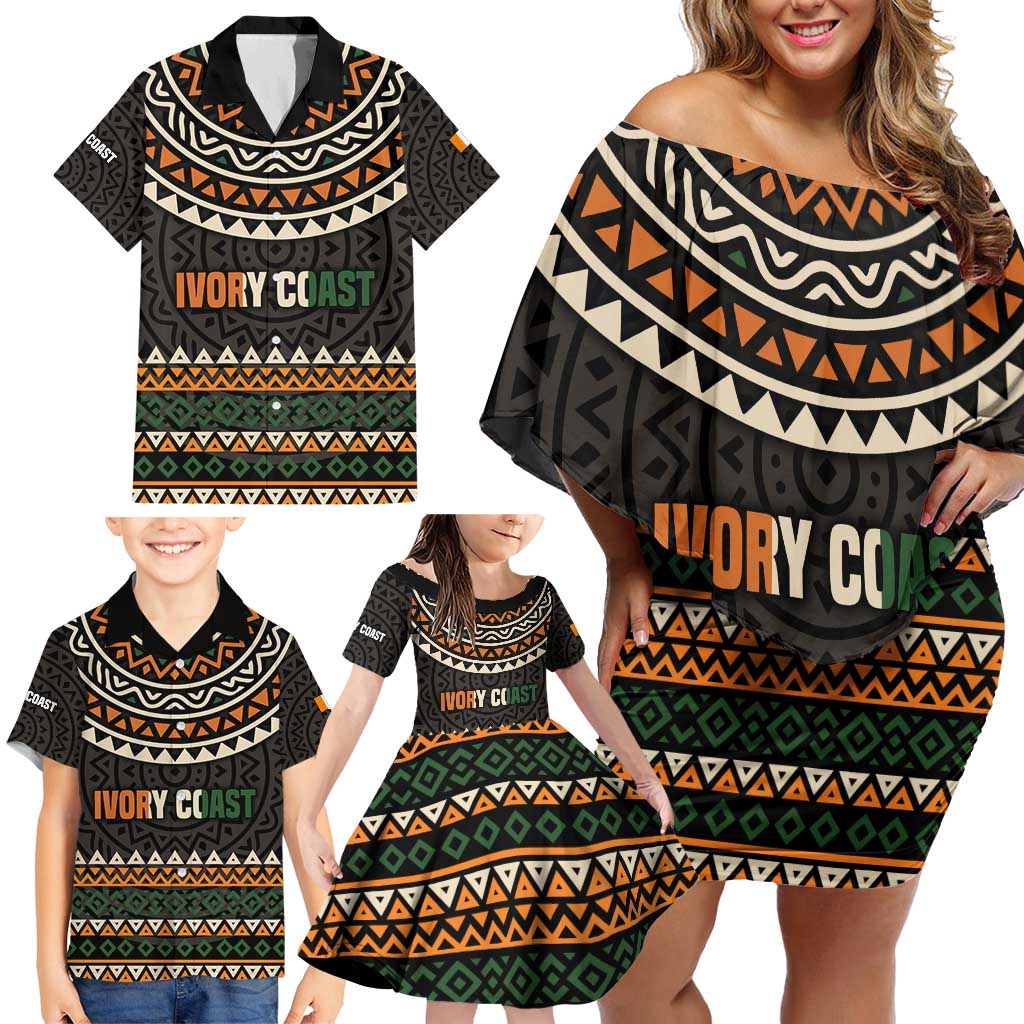 Ivory Coast Family Matching Off Shoulder Short Dress and Hawaiian Shirt with Ethnic Geometric Pattern and National Motto Design - Wonder Print Shop