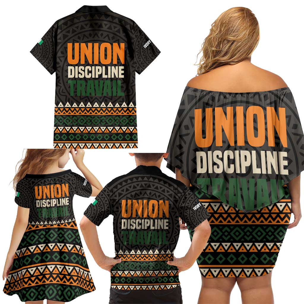 Ivory Coast Family Matching Off Shoulder Short Dress and Hawaiian Shirt with Ethnic Geometric Pattern and National Motto Design - Wonder Print Shop