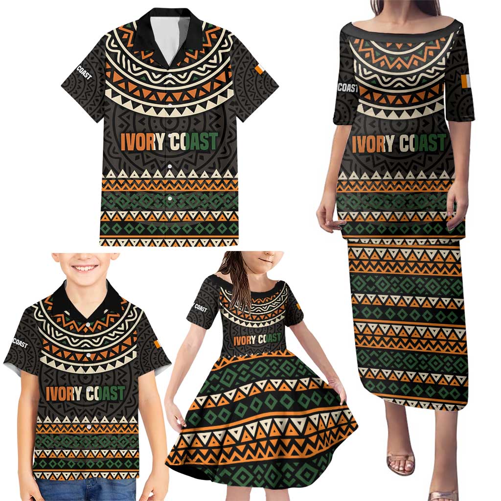 Ivory Coast Family Matching Puletasi and Hawaiian Shirt with Ethnic Geometric Pattern and National Motto Design - Wonder Print Shop