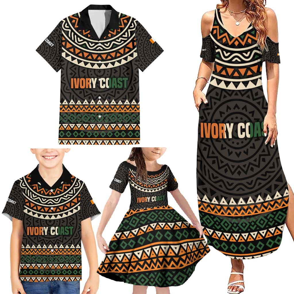 Ivory Coast Family Matching Summer Maxi Dress and Hawaiian Shirt with Ethnic Geometric Pattern and National Motto Design - Wonder Print Shop
