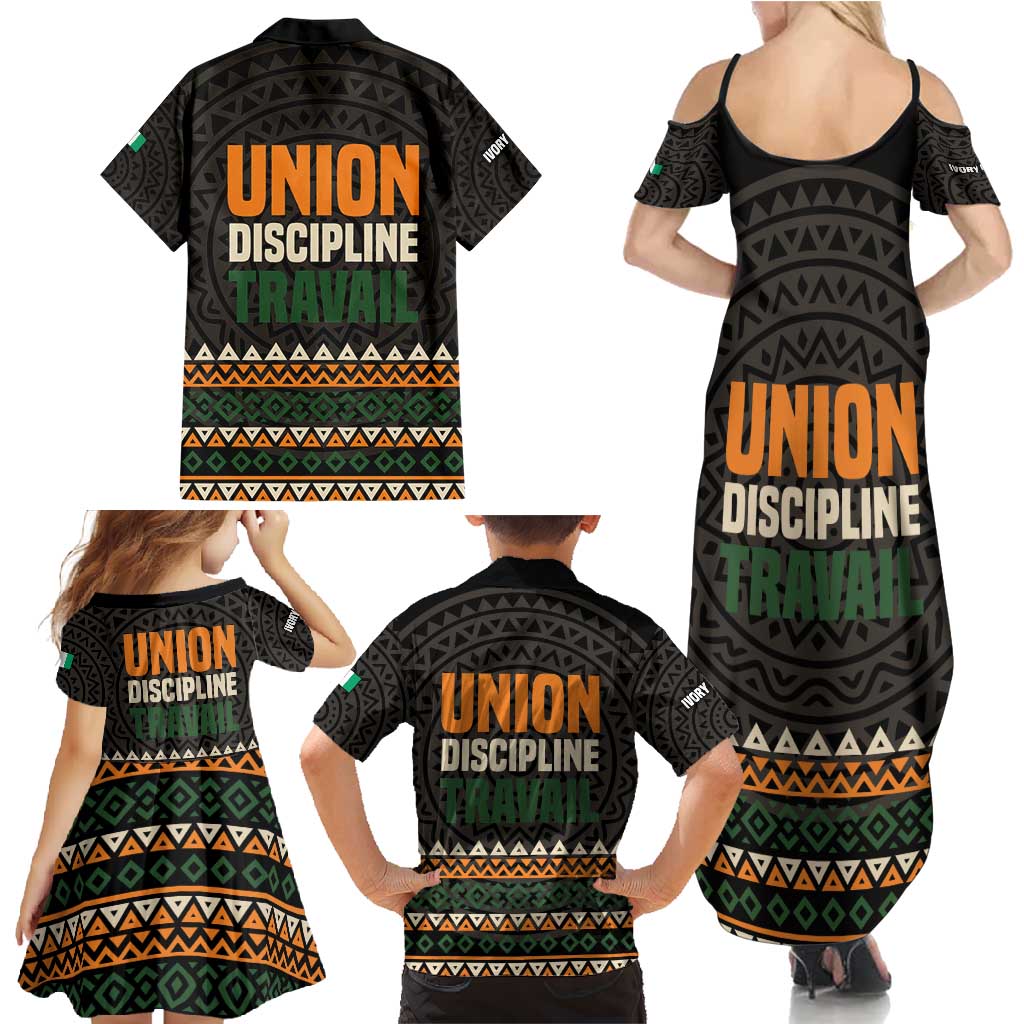 Ivory Coast Family Matching Summer Maxi Dress and Hawaiian Shirt with Ethnic Geometric Pattern and National Motto Design - Wonder Print Shop