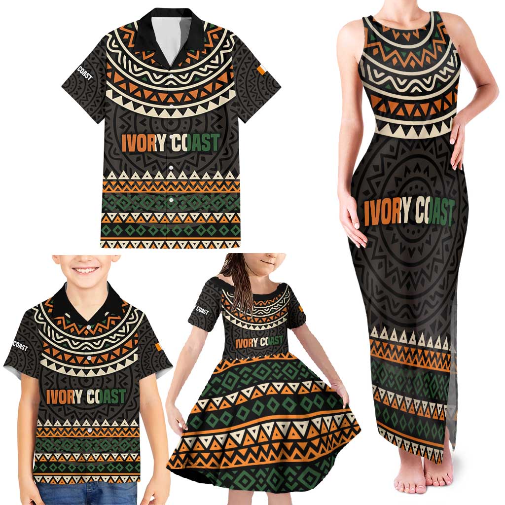 Ivory Coast Family Matching Tank Maxi Dress and Hawaiian Shirt with Ethnic Geometric Pattern and National Motto Design - Wonder Print Shop