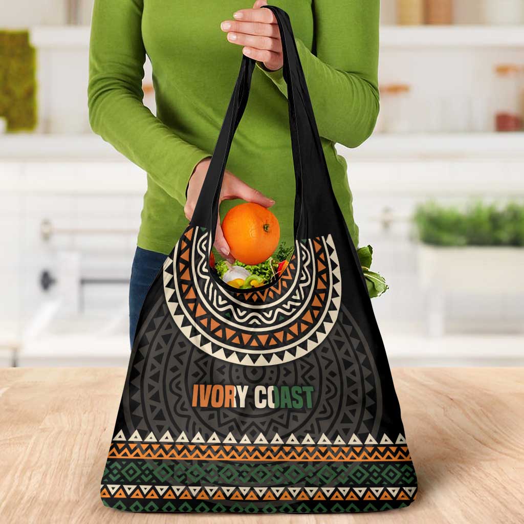 Ivory Coast Grocery Bag with Ethnic Geometric Pattern and National Motto Design - Wonder Print Shop
