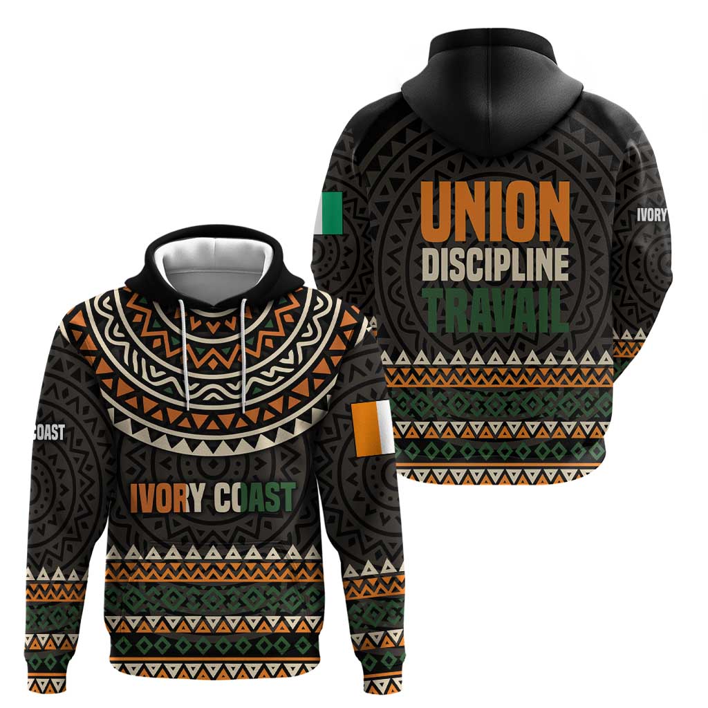 Ivory Coast Hoodie with Ethnic Geometric Pattern and National Motto Design - Wonder Print Shop