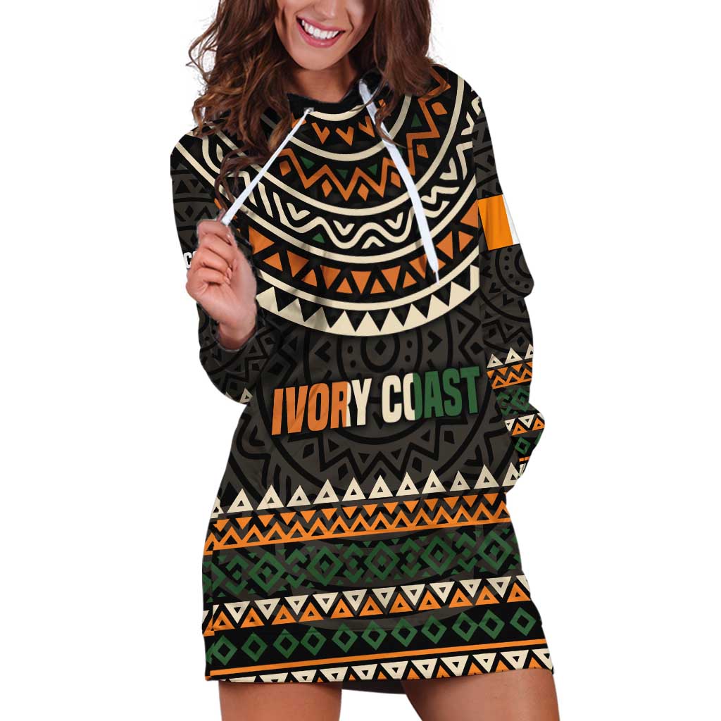 Ivory Coast Hoodie Dress with Ethnic Geometric Pattern and National Motto Design - Wonder Print Shop