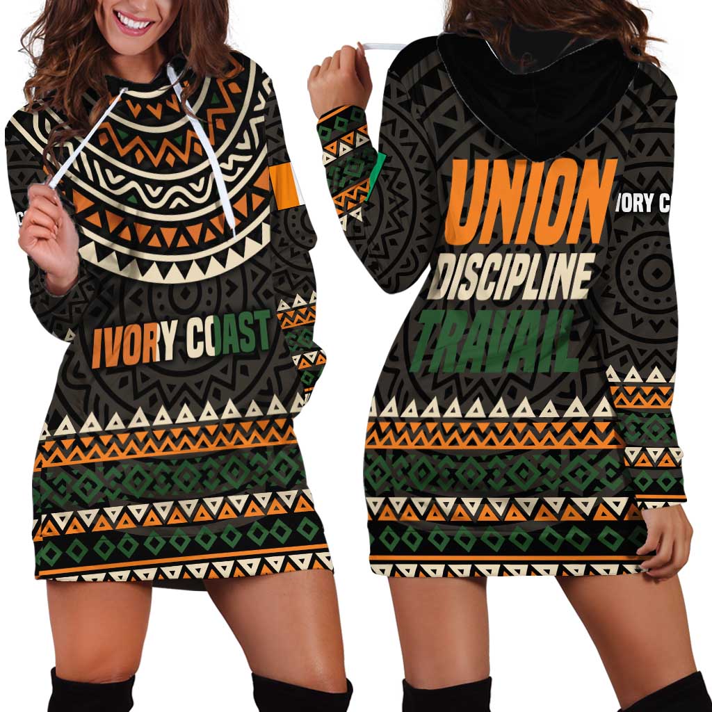 Ivory Coast Hoodie Dress with Ethnic Geometric Pattern and National Motto Design - Wonder Print Shop