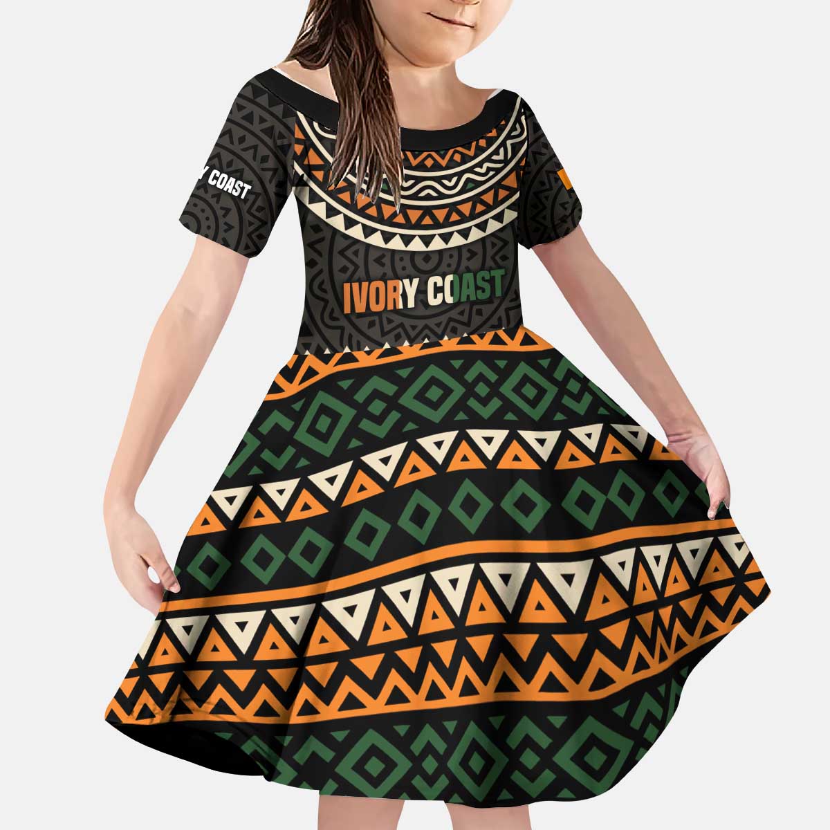 Ivory Coast Kid Short Sleeve Dress with Ethnic Geometric Pattern and National Motto Design - Wonder Print Shop