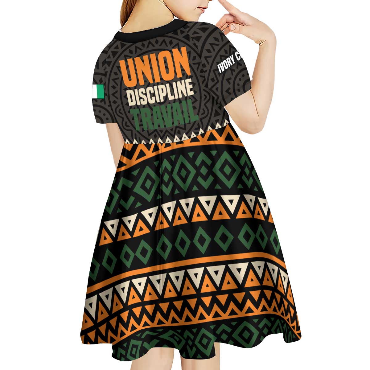 Ivory Coast Kid Short Sleeve Dress with Ethnic Geometric Pattern and National Motto Design - Wonder Print Shop
