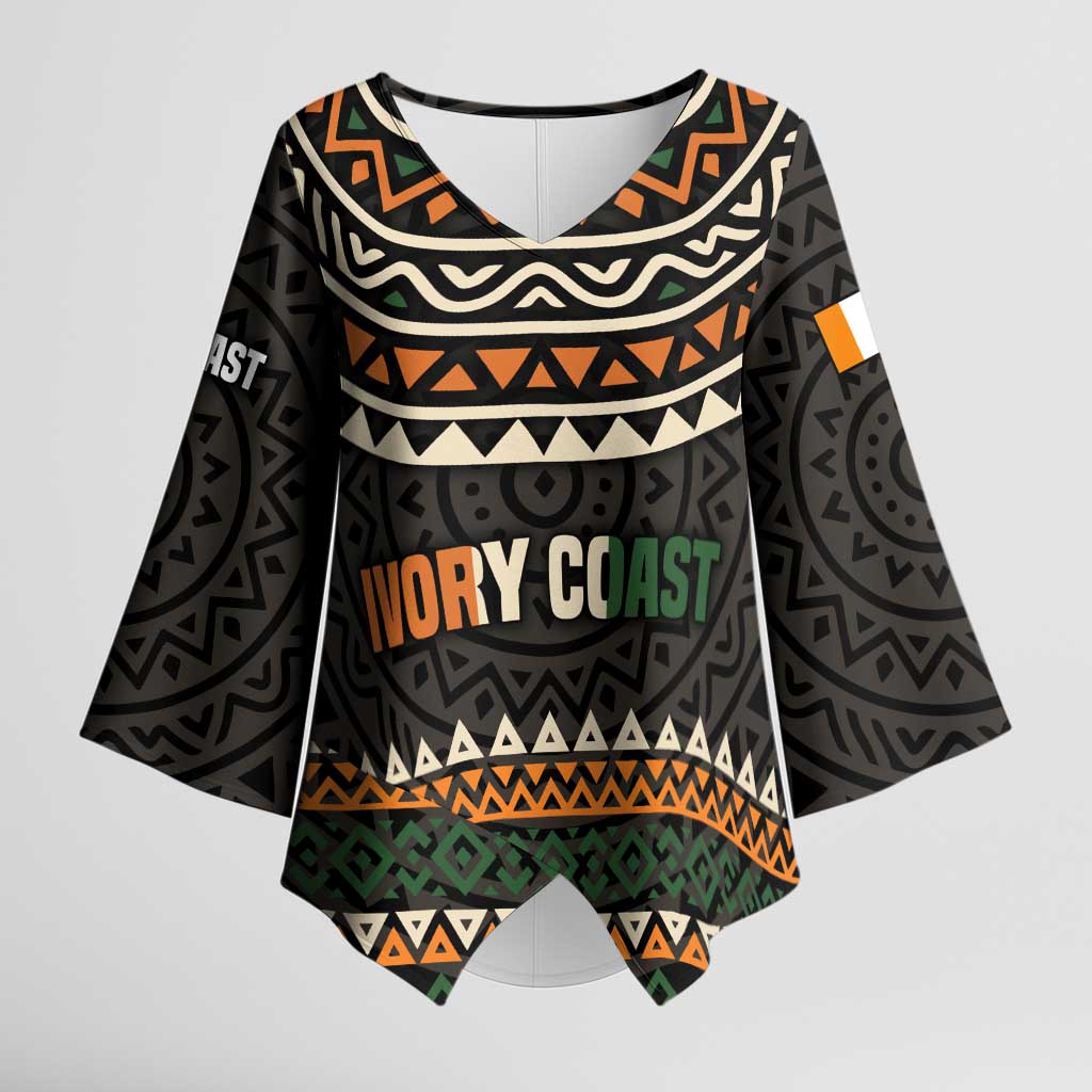 Ivory Coast Kimono Sleeve Blouse with Ethnic Geometric Pattern and National Motto Design - Wonder Print Shop