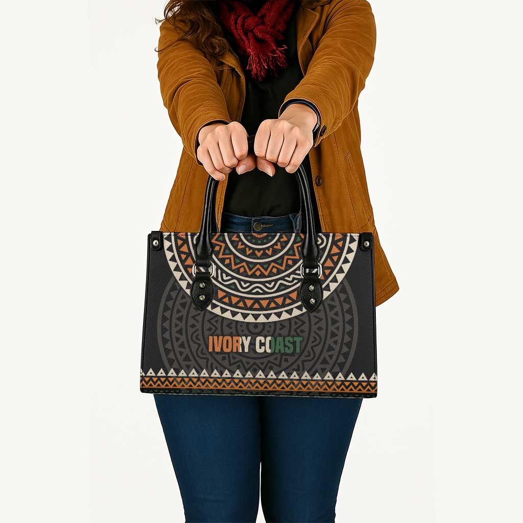 Ivory Coast Leather Bag with Ethnic Geometric Pattern and National Motto Design - Wonder Print Shop