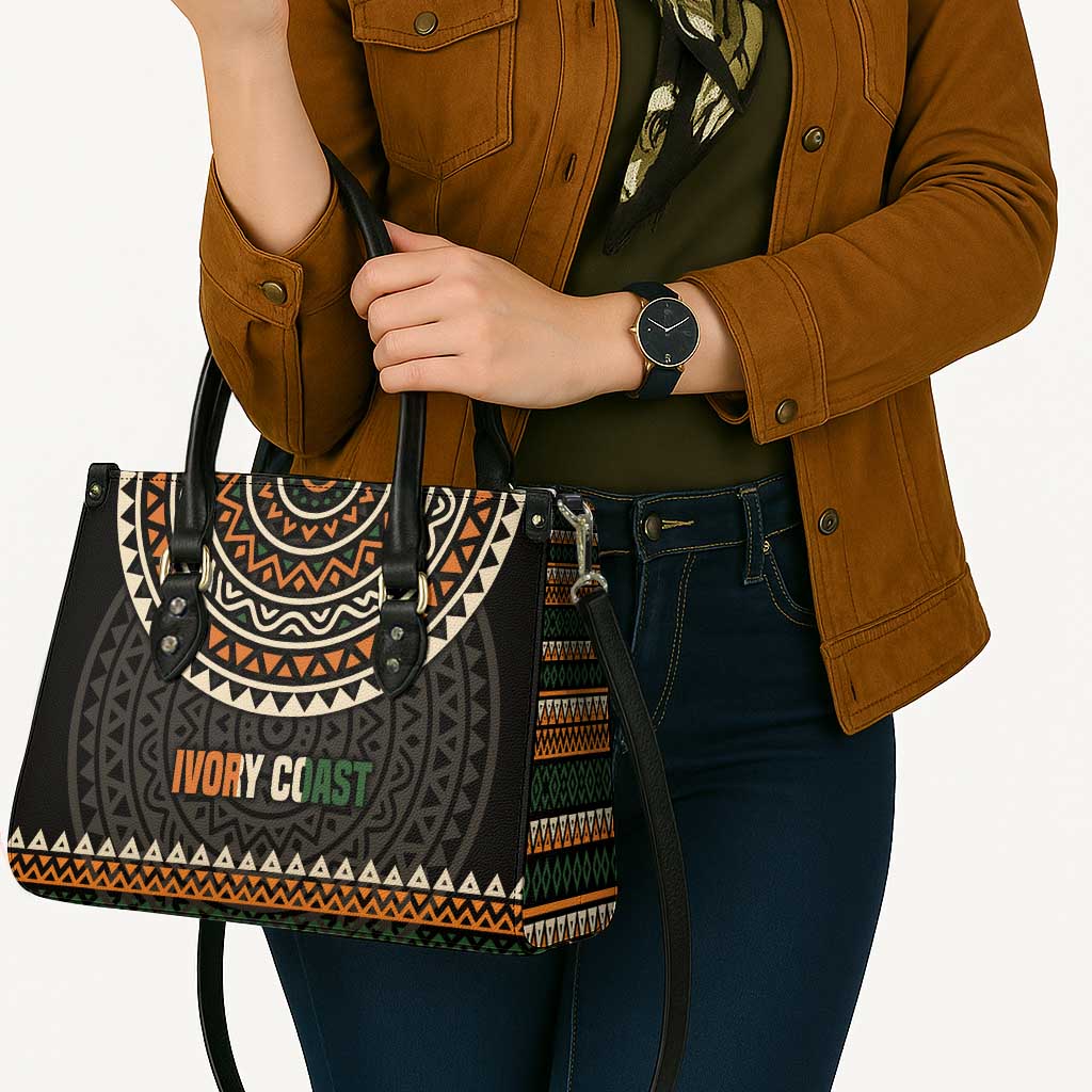 Ivory Coast Leather Bag with Ethnic Geometric Pattern and National Motto Design - Wonder Print Shop