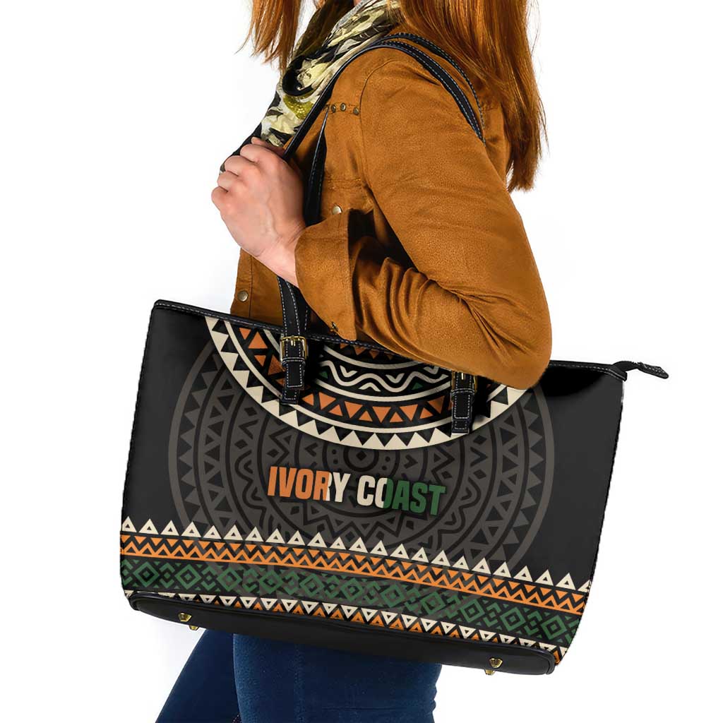 Ivory Coast Leather Tote Bag with Ethnic Geometric Pattern and National Motto Design - Wonder Print Shop