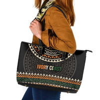 Ivory Coast Leather Tote Bag with Ethnic Geometric Pattern and National Motto Design - Wonder Print Shop