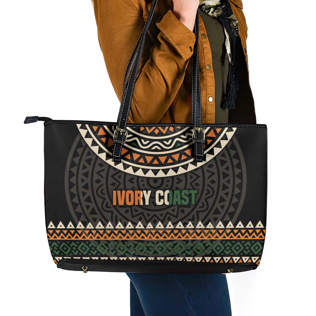 Ivory Coast Leather Tote Bag with Ethnic Geometric Pattern and National Motto Design - Wonder Print Shop