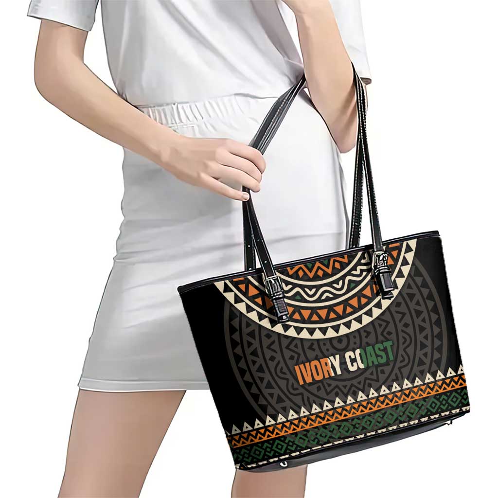 Ivory Coast Leather Tote Bag with Ethnic Geometric Pattern and National Motto Design - Wonder Print Shop