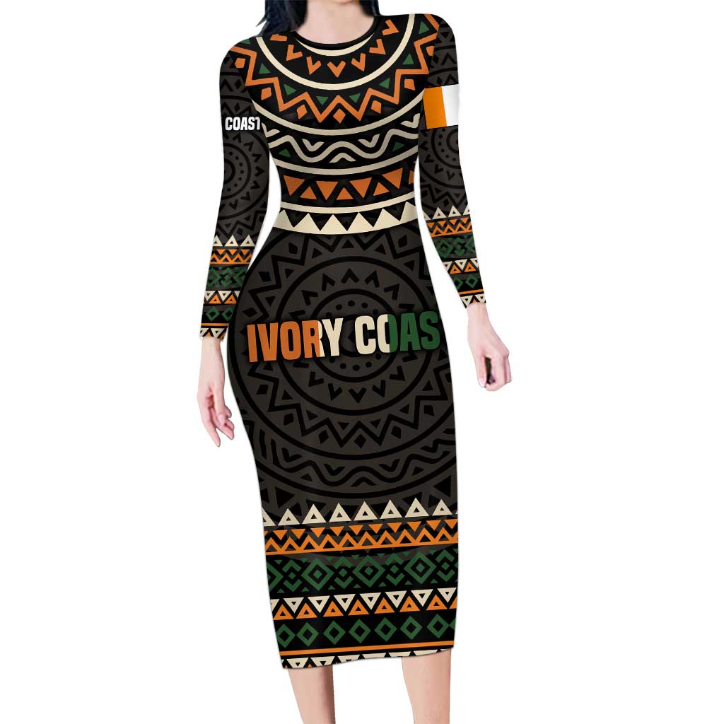 Ivory Coast Long Sleeve Bodycon Dress with Ethnic Geometric Pattern and National Motto Design - Wonder Print Shop