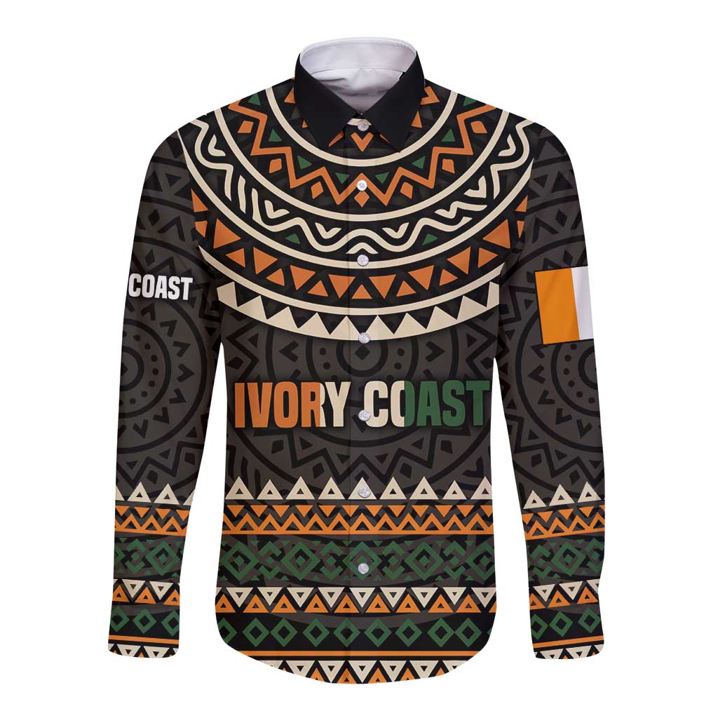 Ivory Coast Long Sleeve Button Shirt with Ethnic Geometric Pattern and National Motto Design - Wonder Print Shop