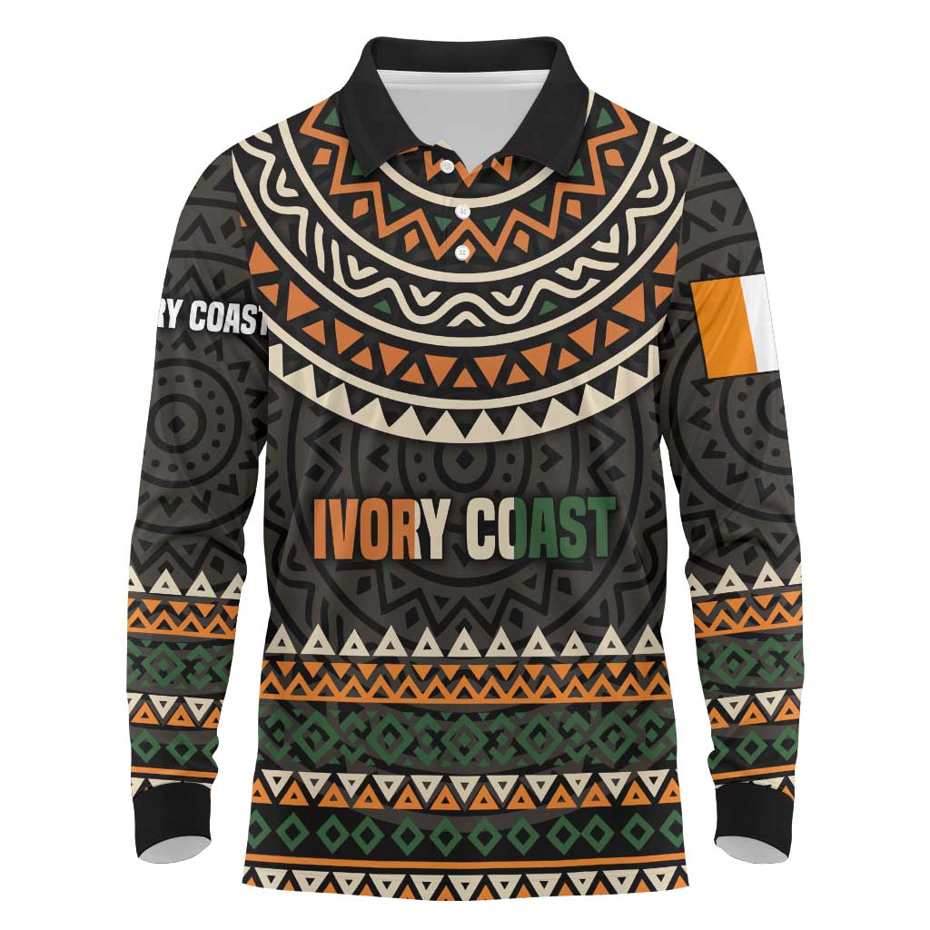 Ivory Coast Long Sleeve Polo Shirt with Ethnic Geometric Pattern and National Motto Design - Wonder Print Shop