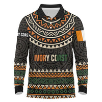 Ivory Coast Long Sleeve Polo Shirt with Ethnic Geometric Pattern and National Motto Design - Wonder Print Shop