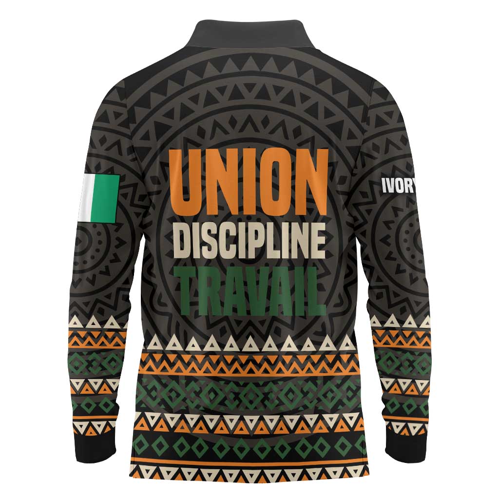Ivory Coast Long Sleeve Polo Shirt with Ethnic Geometric Pattern and National Motto Design - Wonder Print Shop