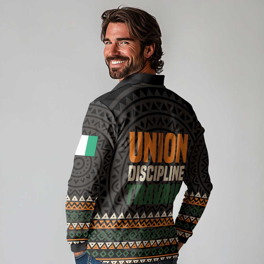 Ivory Coast Long Sleeve Polo Shirt with Ethnic Geometric Pattern and National Motto Design - Wonder Print Shop