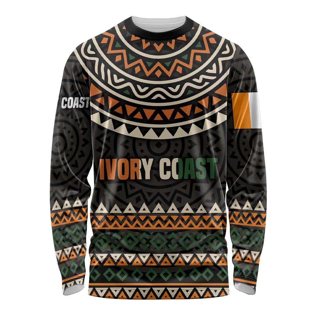 Ivory Coast Long Sleeve Shirt with Ethnic Geometric Pattern and National Motto Design - Wonder Print Shop