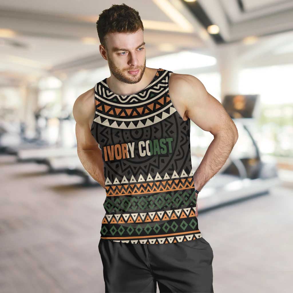 Ivory Coast Men Tank Top with Ethnic Geometric Pattern and National Motto Design - Wonder Print Shop