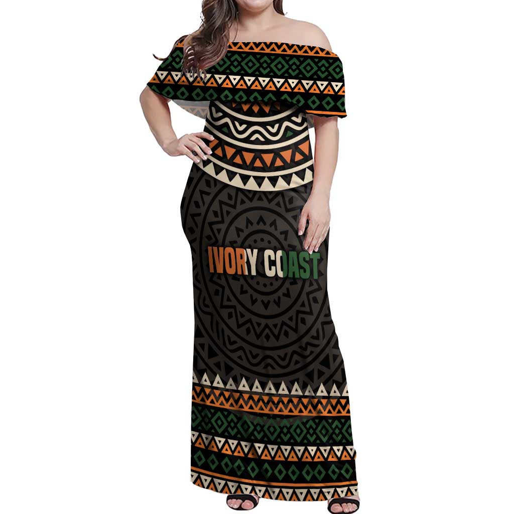 Ivory Coast Off Shoulder Maxi Dress with Ethnic Geometric Pattern and National Motto Design - Wonder Print Shop
