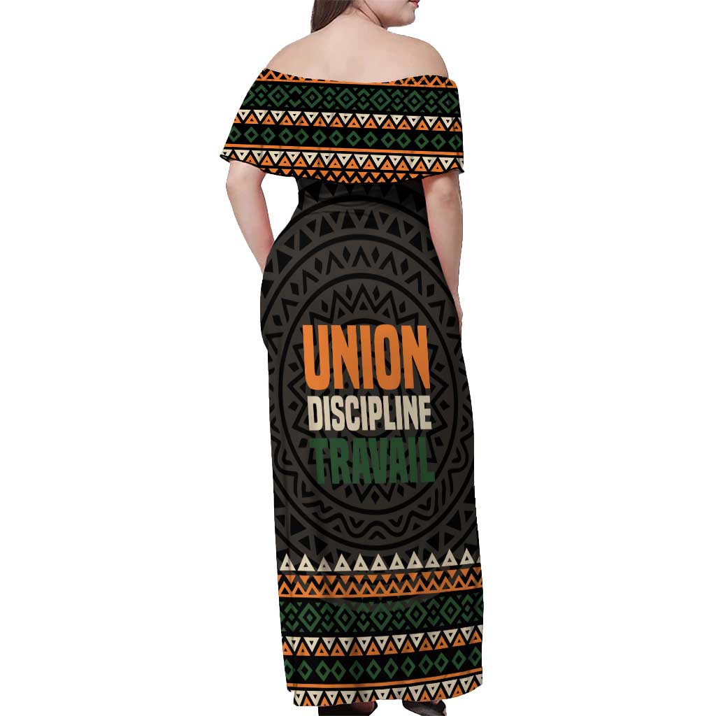 Ivory Coast Off Shoulder Maxi Dress with Ethnic Geometric Pattern and National Motto Design - Wonder Print Shop
