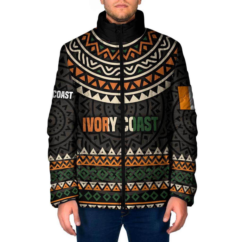 Ivory Coast Padded Jacket with Ethnic Geometric Pattern and National Motto Design - Wonder Print Shop