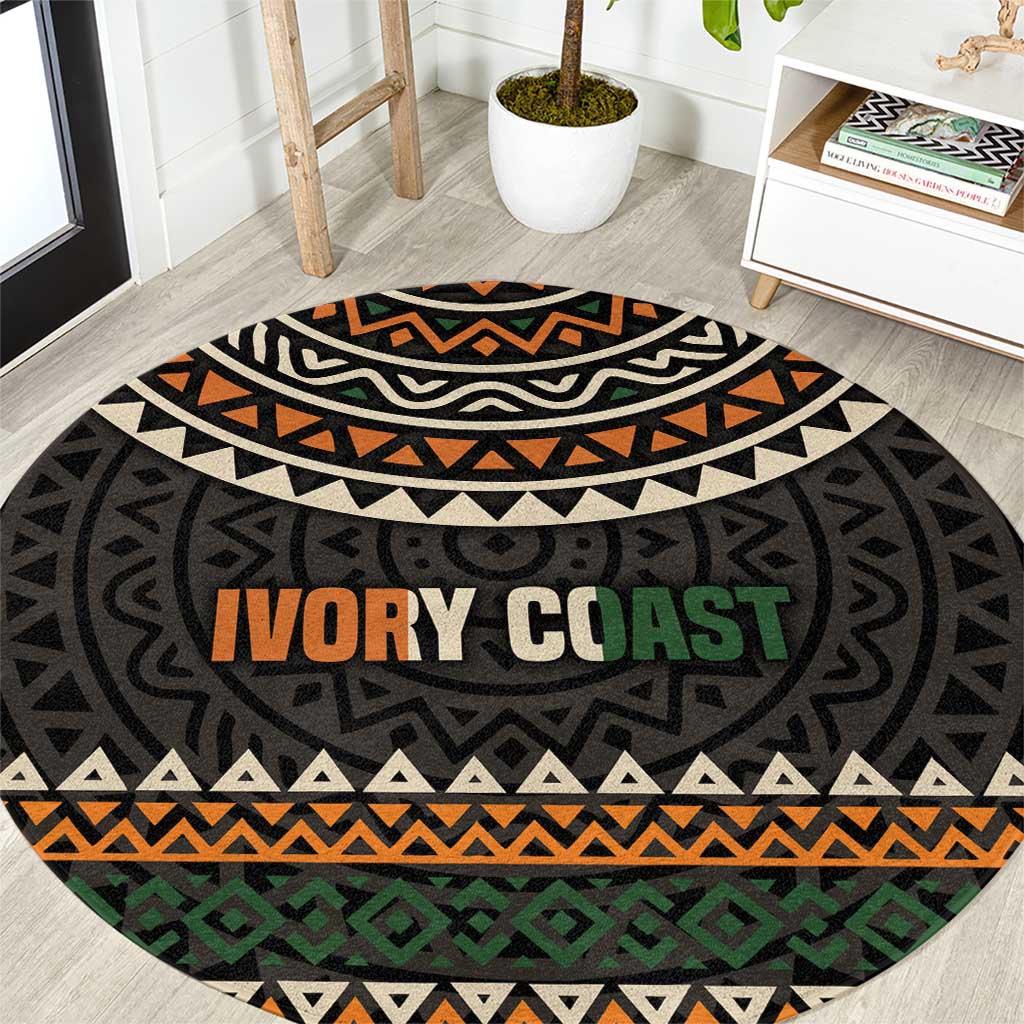 Ivory Coast Round Carpet with Ethnic Geometric Pattern and National Motto Design - Wonder Print Shop