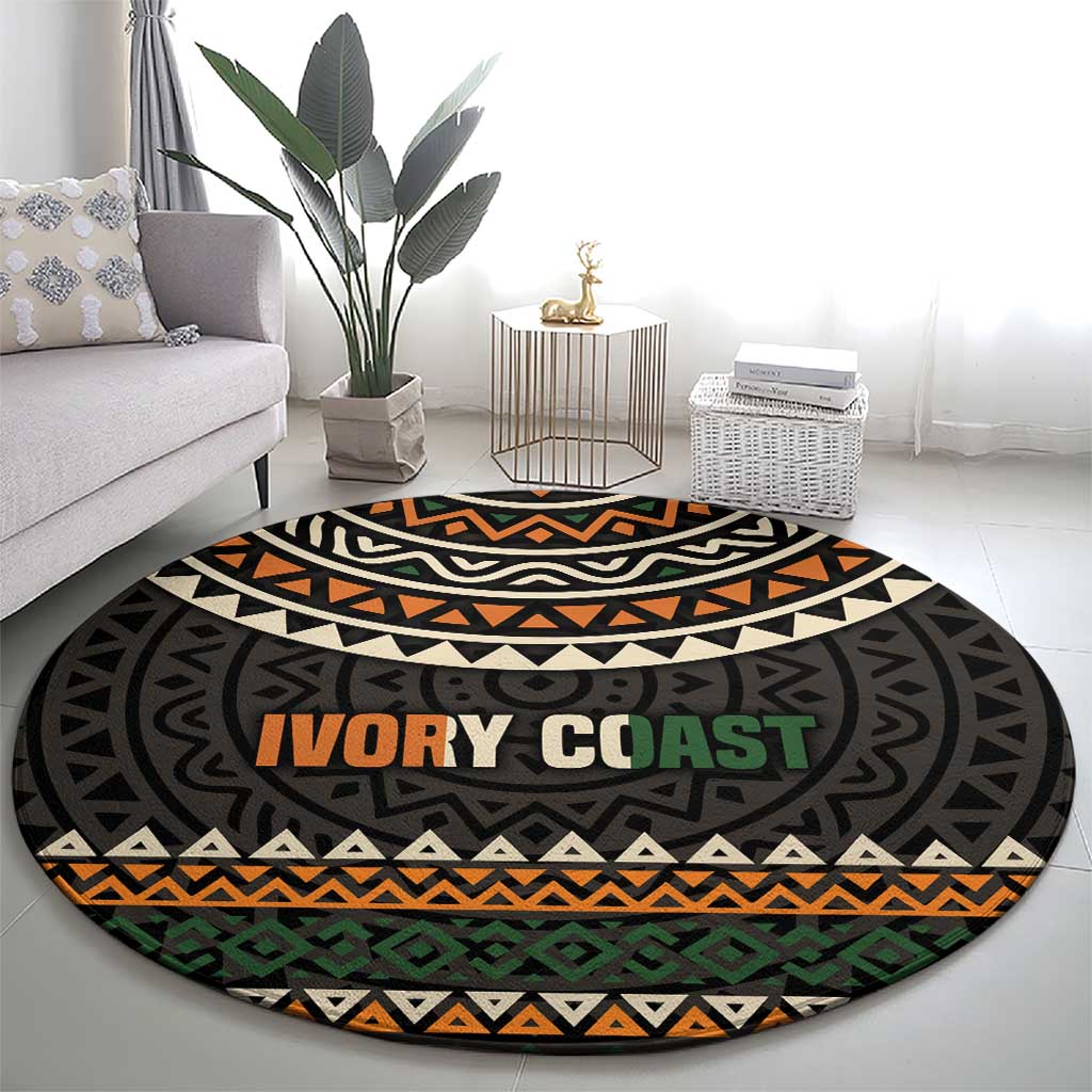 Ivory Coast Round Carpet with Ethnic Geometric Pattern and National Motto Design - Wonder Print Shop