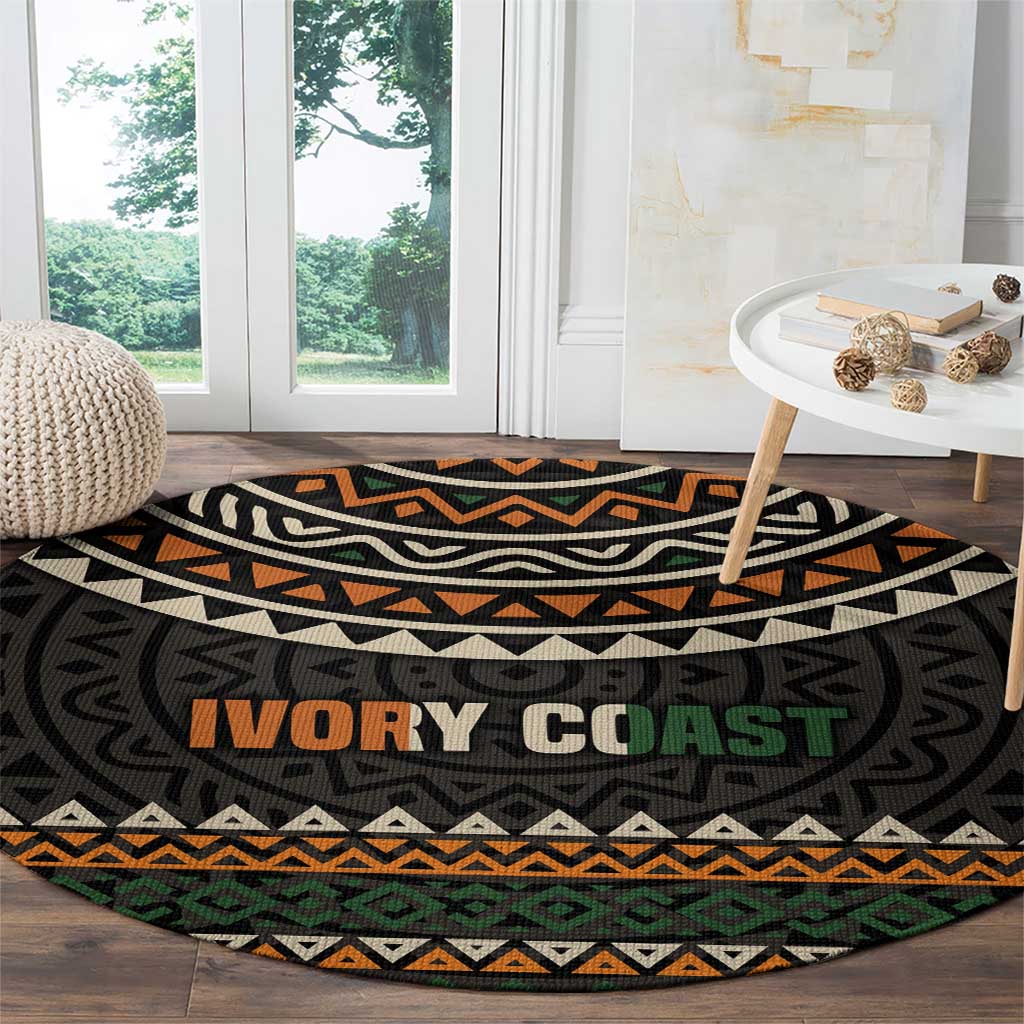 Ivory Coast Round Carpet with Ethnic Geometric Pattern and National Motto Design - Wonder Print Shop