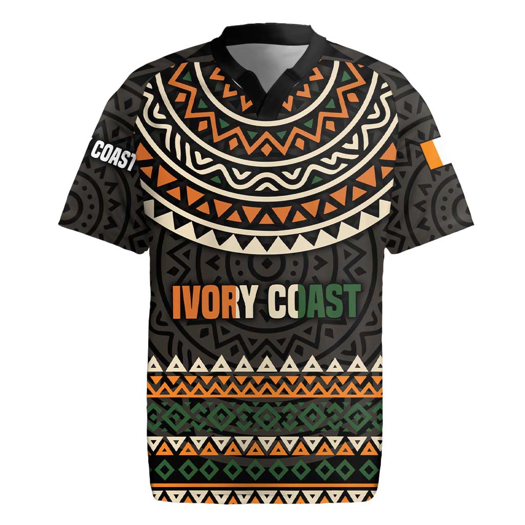 Ivory Coast Rugby Jersey with Ethnic Geometric Pattern and National Motto Design - Wonder Print Shop