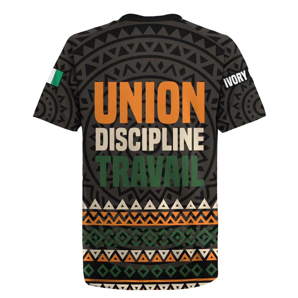 Ivory Coast Rugby Jersey with Ethnic Geometric Pattern and National Motto Design - Wonder Print Shop