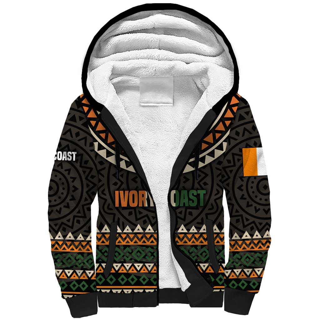 Ivory Coast Sherpa Hoodie with Ethnic Geometric Pattern and National Motto Design - Wonder Print Shop