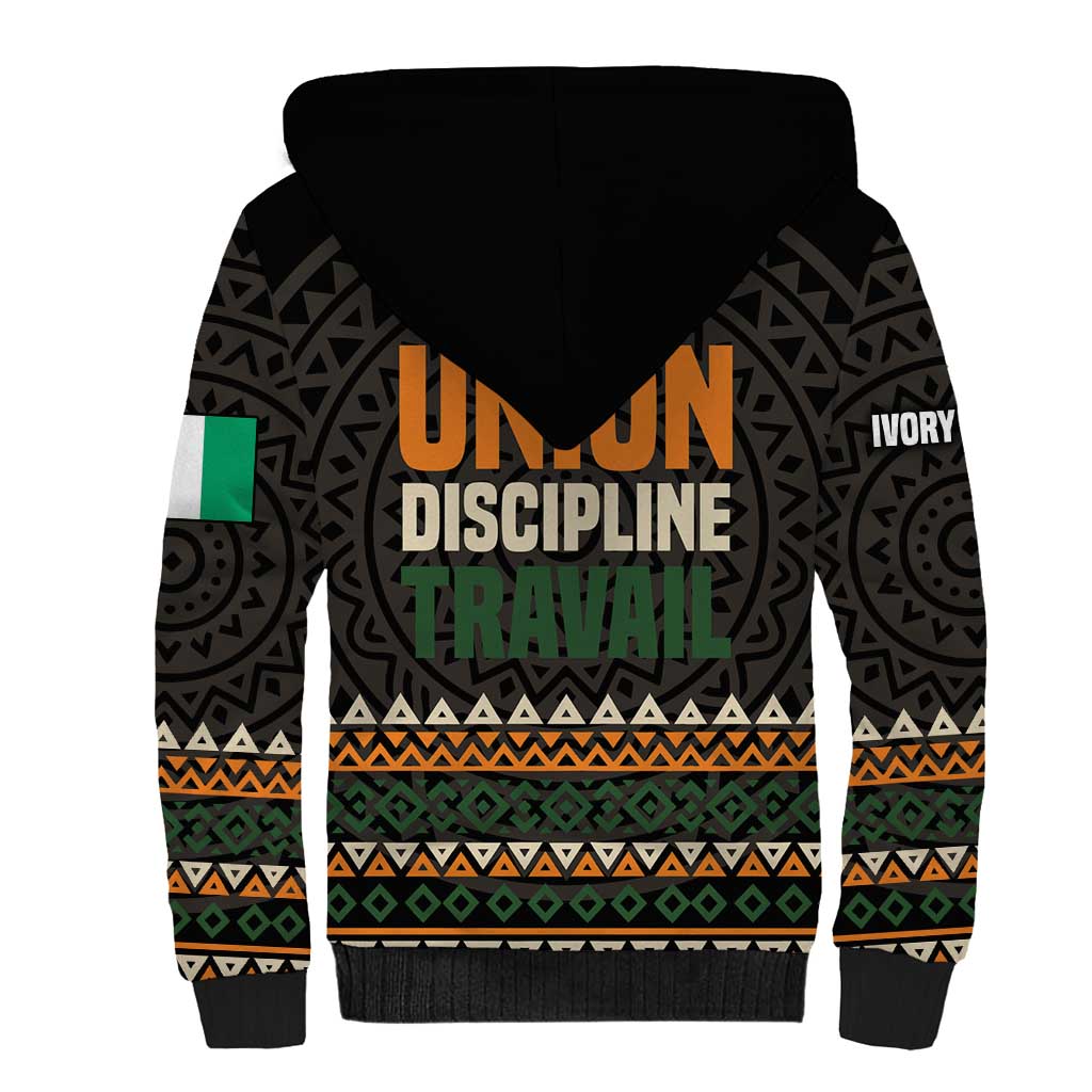Ivory Coast Sherpa Hoodie with Ethnic Geometric Pattern and National Motto Design - Wonder Print Shop
