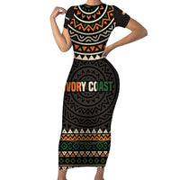 Ivory Coast Short Sleeve Bodycon Dress with Ethnic Geometric Pattern and National Motto Design - Wonder Print Shop