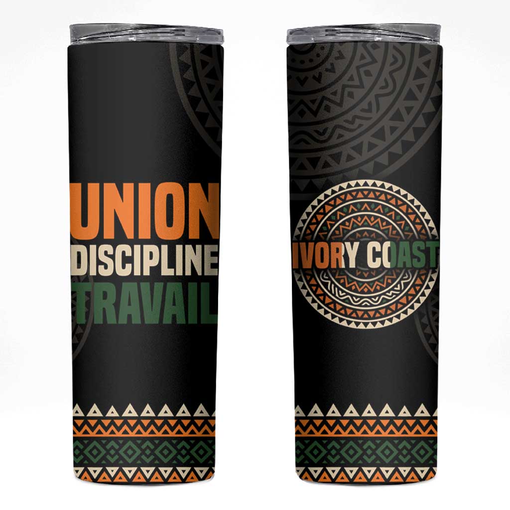 Ivory Coast Skinny Tumbler with Ethnic Geometric Pattern and National Motto Design - Wonder Print Shop