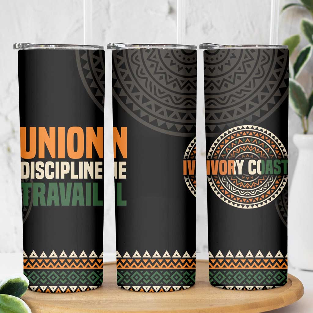 Ivory Coast Skinny Tumbler with Ethnic Geometric Pattern and National Motto Design - Wonder Print Shop