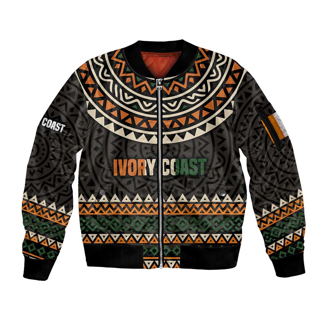 Ivory Coast Sleeve Zip Bomber Jacket with Ethnic Geometric Pattern and National Motto Design - Wonder Print Shop