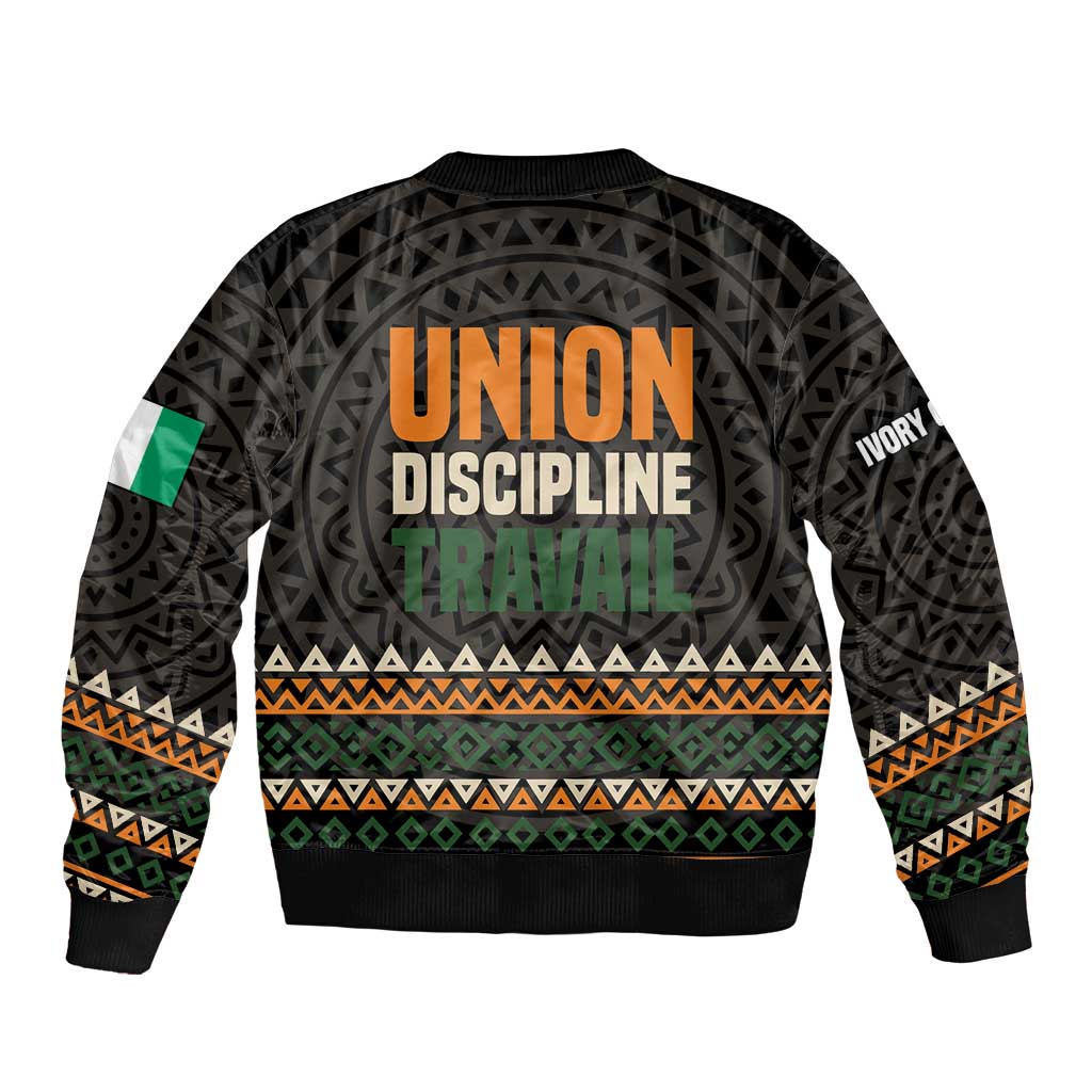 Ivory Coast Sleeve Zip Bomber Jacket with Ethnic Geometric Pattern and National Motto Design - Wonder Print Shop