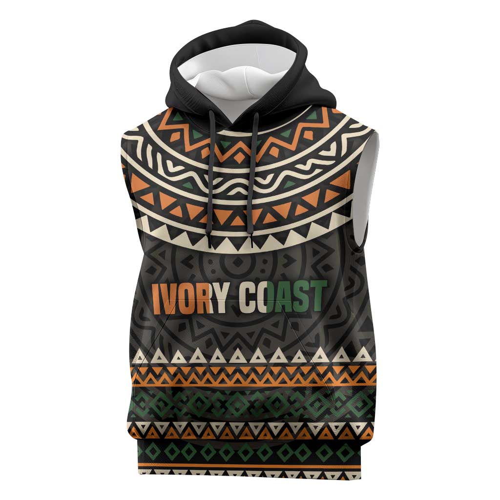 Ivory Coast Sleeveless Hoodie with Ethnic Geometric Pattern and National Motto Design - Wonder Print Shop