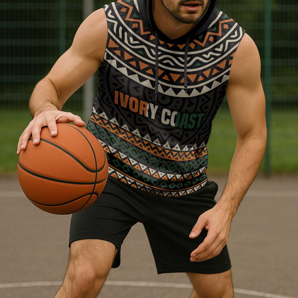 Ivory Coast Sleeveless Hoodie with Ethnic Geometric Pattern and National Motto Design - Wonder Print Shop