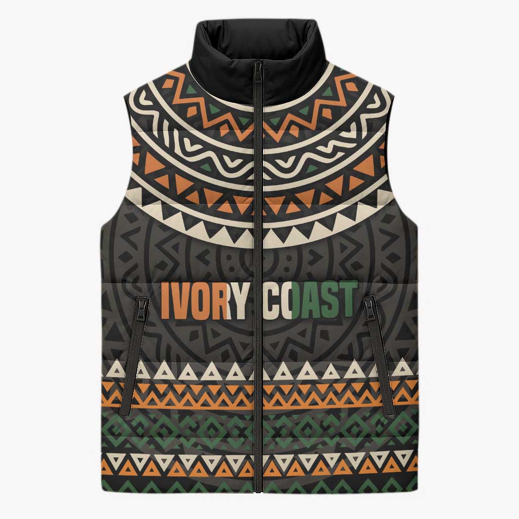 Ivory Coast Sleeveless Puffer Jacket with Ethnic Geometric Pattern and National Motto Design - Wonder Print Shop