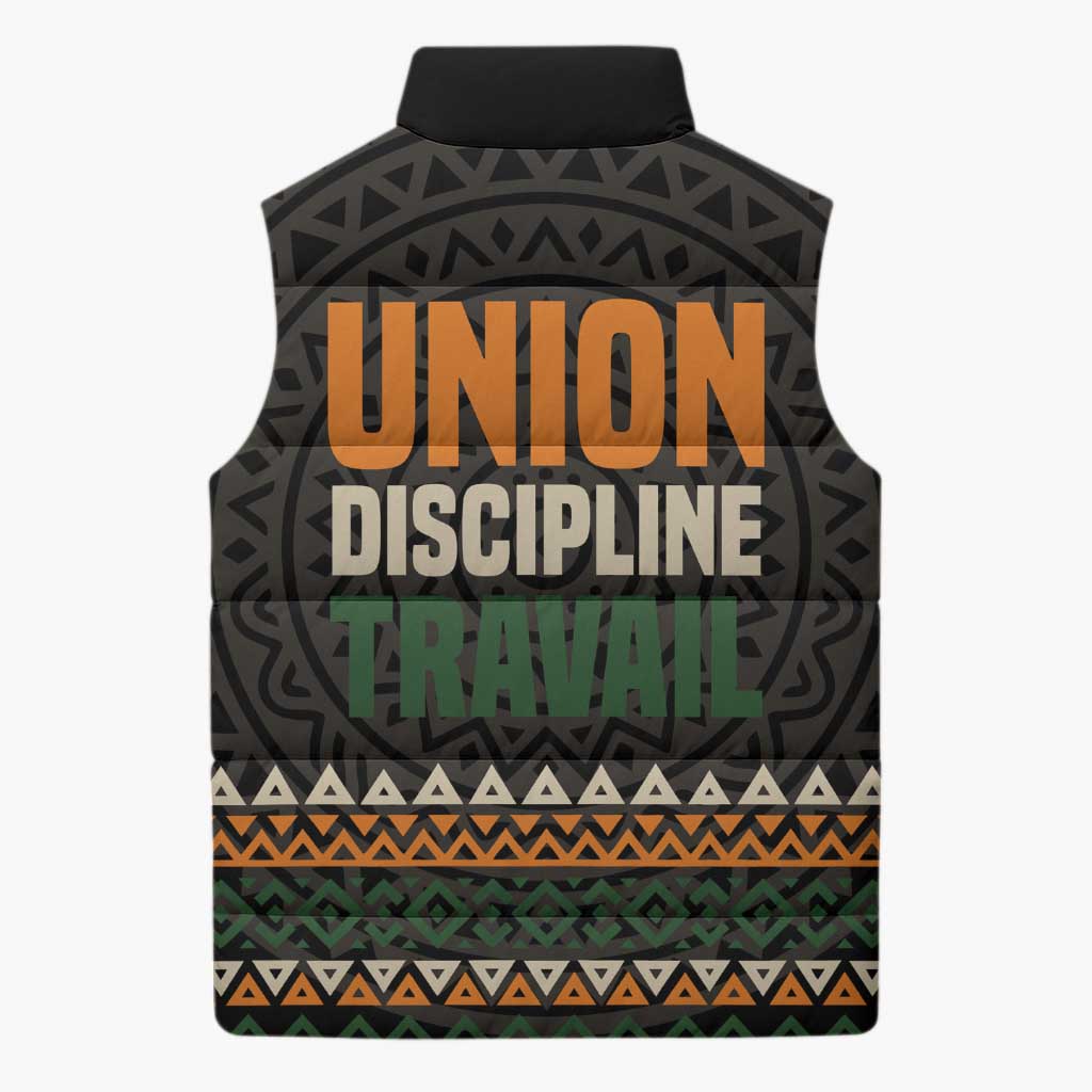 Ivory Coast Sleeveless Puffer Jacket with Ethnic Geometric Pattern and National Motto Design - Wonder Print Shop